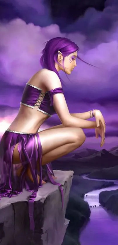 Fantasy art wallpaper of purple-haired character on cliff.