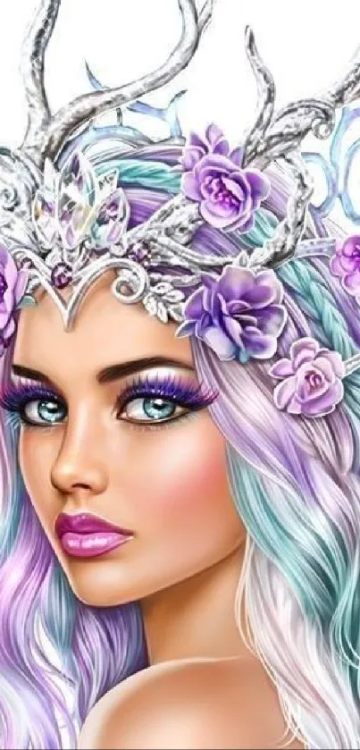 Mystical woman with floral antlers in purple and white fantasy art.