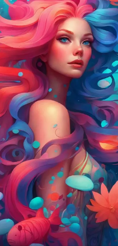 Fantasy art of a colorful woman with flowing hair and magical elements.