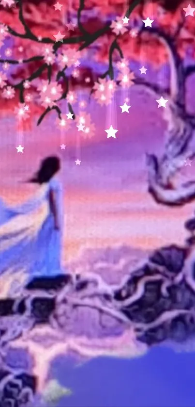 Mystical fantasy artwork with a purple tree, stars, and serene figure.