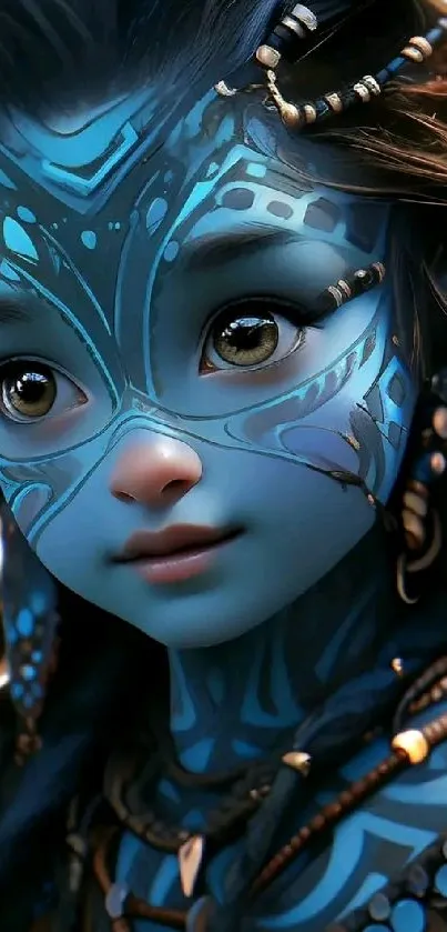 Fantasy blue character with intricate patterns and braids.