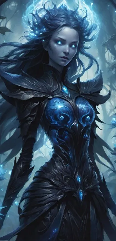Mystical fantasy character in blue light with enchanting floral elements.