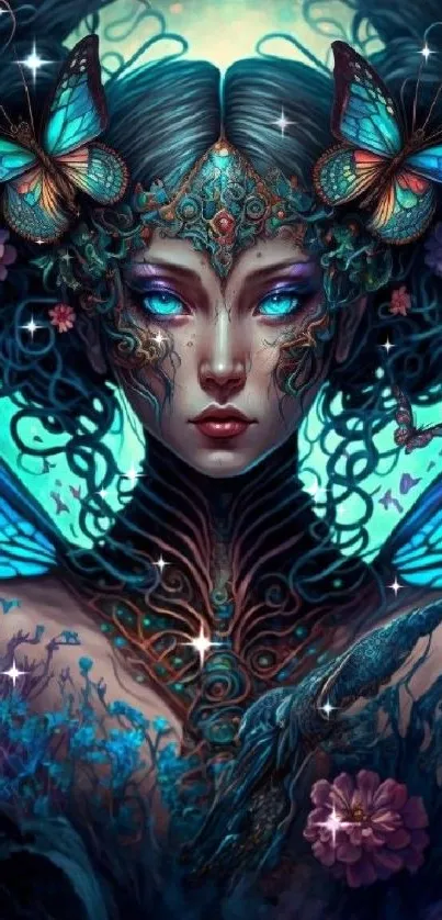 Fantasy art wallpaper with mystical woman and butterflies.