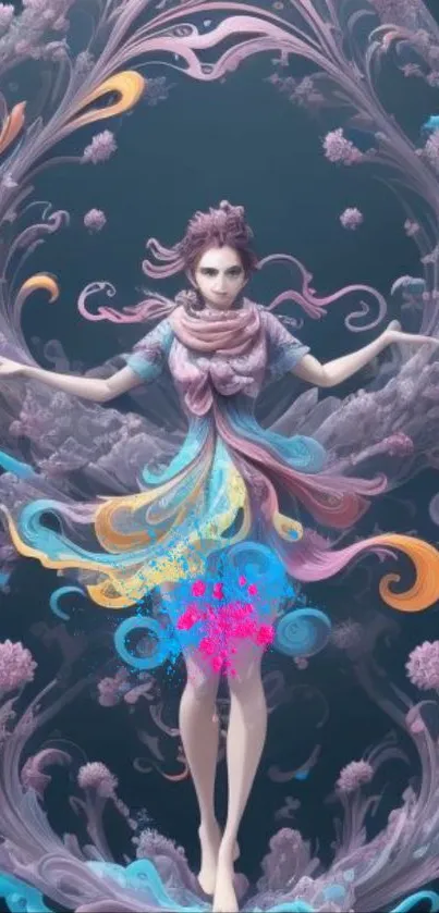 Mystical figure with vibrant swirls in fantasy art wallpaper.