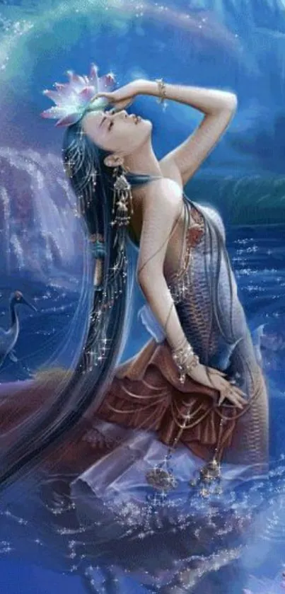 Mystical goddess in serene blue fantasy art by a flowing river.