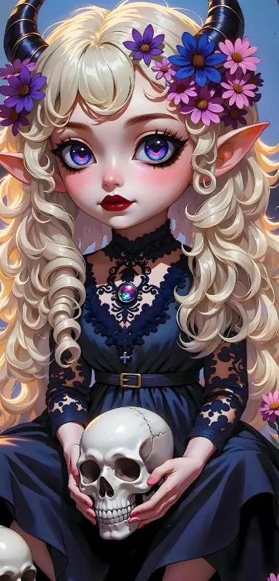Whimsical fantasy character holding a skull in vibrant colors.