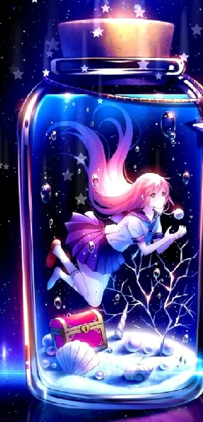 Fantasy girl in a glowing bottle against a starry blue backdrop.