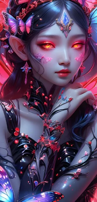 Mystical fantasy character with butterflies and vibrant colors as mobile wallpaper.