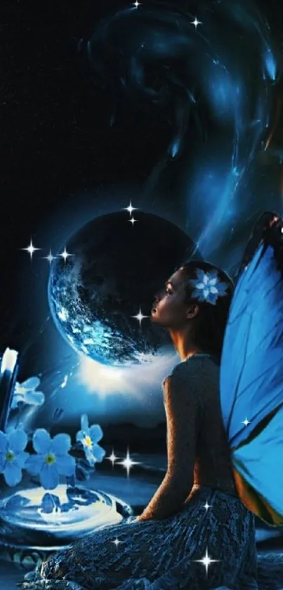 Ethereal girl with blue butterfly wings under a starry night sky.