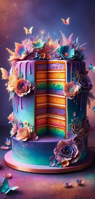 Magical fantasy cake with flowers and butterflies.