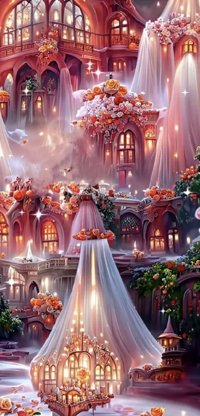 Fantasy castle with flowers and glowing lights on a dreamy night scene.