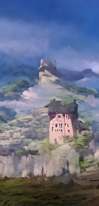 Fantasy castle art with a lush, hilly landscape under a dreamy blue sky.