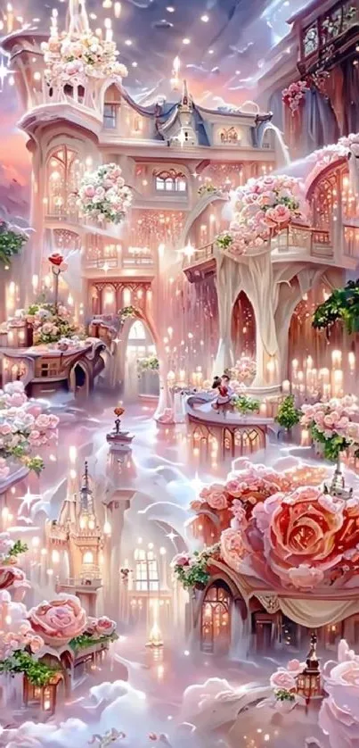 Enchanting fantasy castle with pink floral design wallpaper.