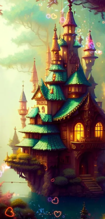 Magical fantasy castle with teal hues and fairy tale ambiance in vibrant landscape.