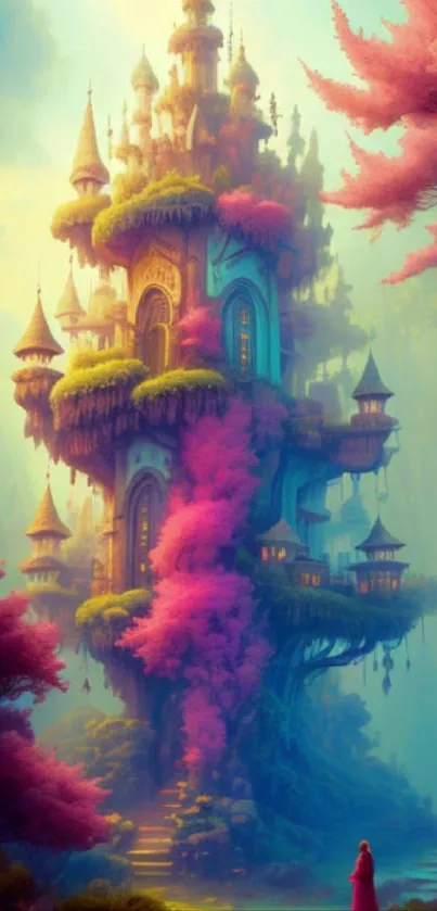 Enchanting fantasy castle with vibrant pink trees.