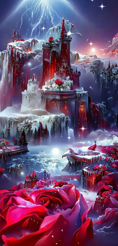 Fantasy wallpaper with castle and roses in a dreamlike icy scene.