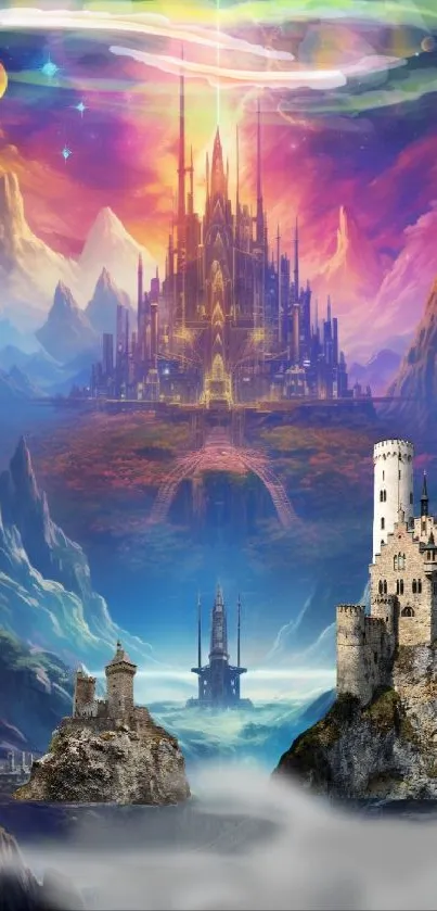 Colorful fantasy castle scene with mystical skies and towers.