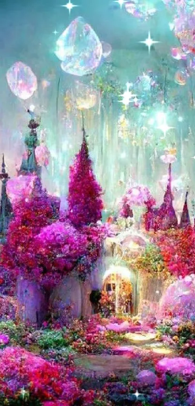 Dreamlike fantasy castle with glowing crystals.