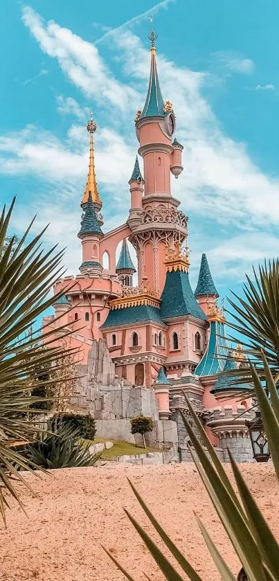 Fantasy castle under a vibrant blue sky.