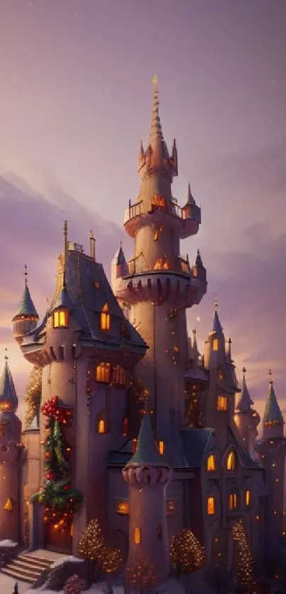 Dreamy castle with glowing windows at sunset, perfect for fantasy lovers.