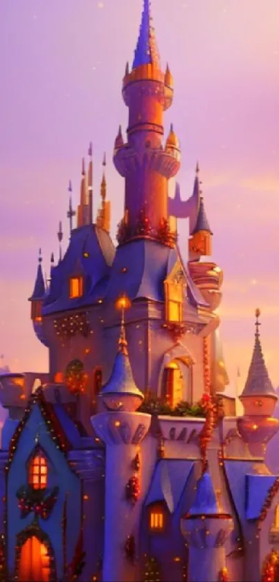 Fantasy castle with dreamy spires at dusk.