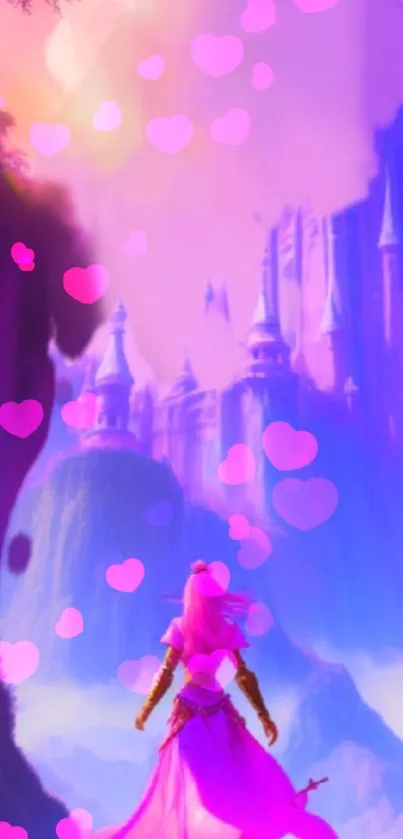 Magical pink castle with floating hearts wallpaper.
