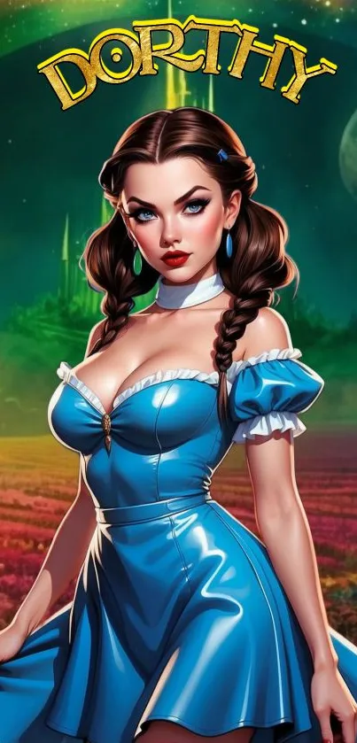 Fantasy character in blue dress with vibrant colors on mobile wallpaper.