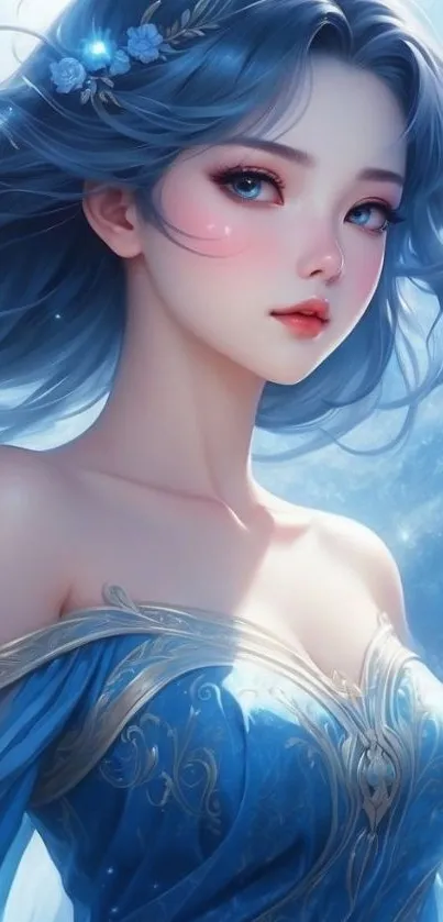 Ethereal character with blue hair and dress in fantasy art