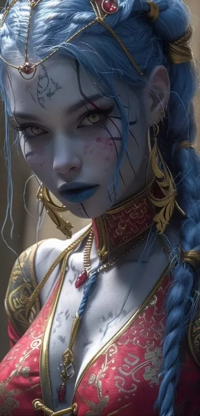 Fantasy artwork of a blue-haired character with intricate details and vibrant colors.