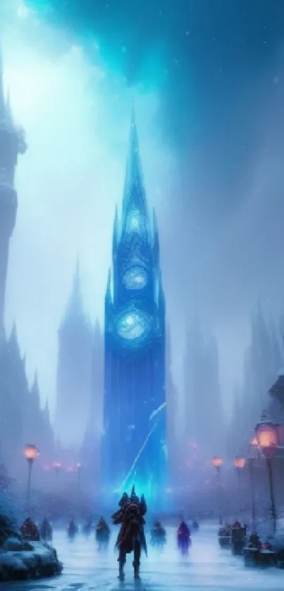 Fantasy wallpaper with glowing mystical tower and cityscape.