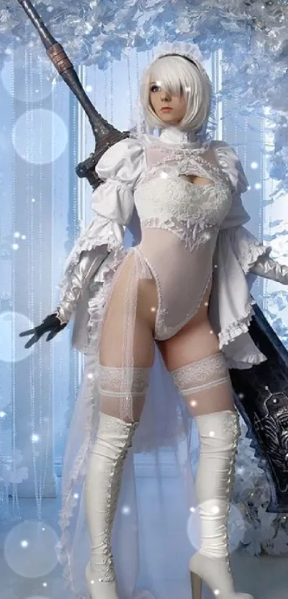 Warrior woman cosplay in white outfit with fantasy background.