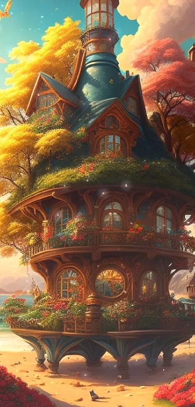 Fantasy cottage with colorful autumn scenery wallpaper.