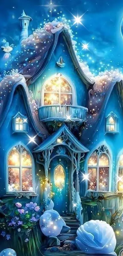 Magical fantasy cottage with night sky and butterflies, designed for mobile wallpaper.