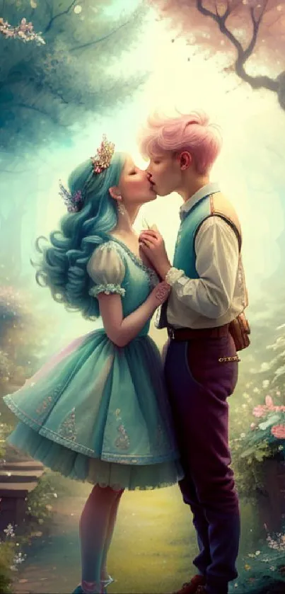 Fantasy couple kissing in a magical forest.