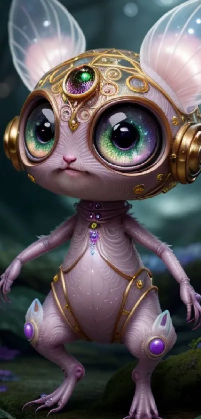 Fantasy creature with large eyes and golden adornments in a whimsical forest setting.