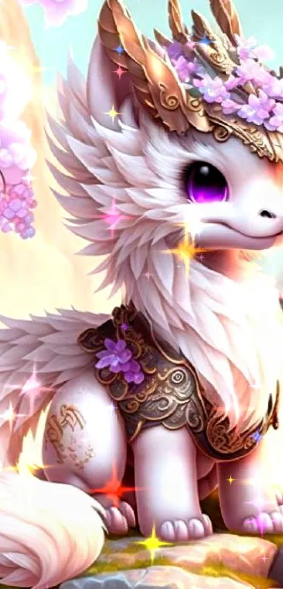 Fantasy creature in cherry blossom landscape with pagoda, pastel hues.