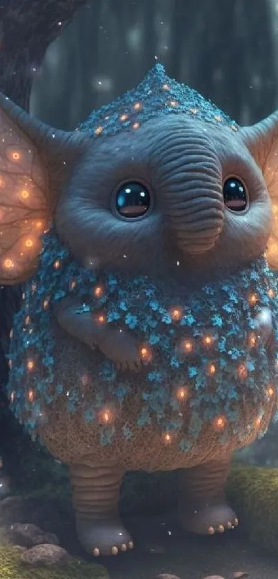 Adorable fantasy creature with glowing lights in an enchanted forest setting.