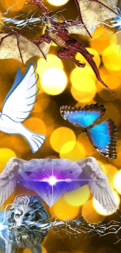 Fantasy wallpaper with dragon, lion, dove, butterfly on golden bokeh background.