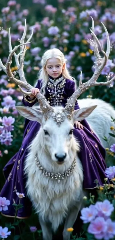 Child in regal dress on a stag in a fantasy flower field.