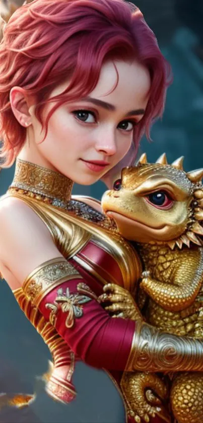 Fantasy artwork of woman with golden dragon.