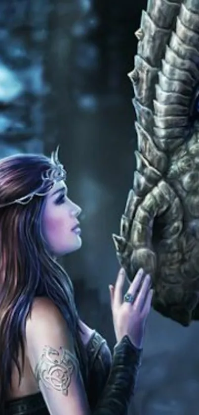 Fantasy scene with woman meeting dragon in mystical forest.