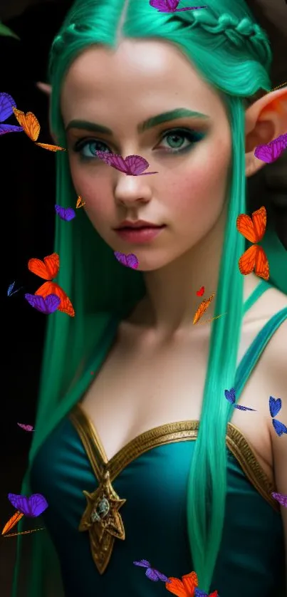 Fantasy elf with teal hair and butterflies surround her in a mystical setting.