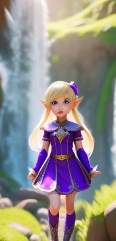 Elf character in purple dress with fantasy background.