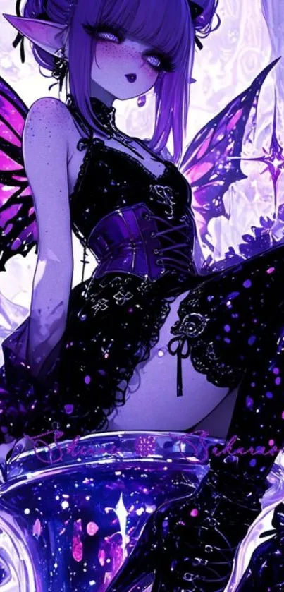 Fantasy fairy with purple wings and dark attire in magical setting.