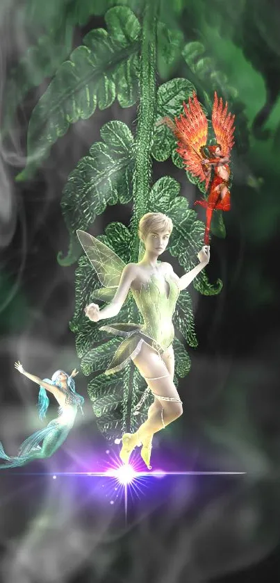 Whimsical fairy design with mystical creatures on green foliage.