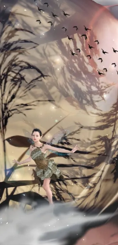 Whimsical fairy in an enchanting forest-themed mobile wallpaper.
