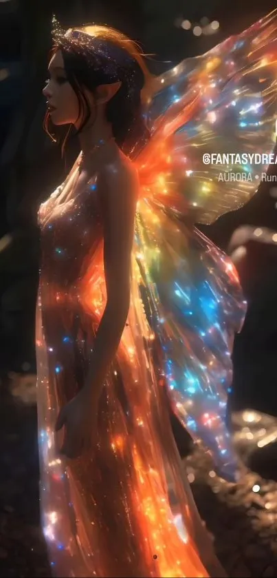 A fantasy fairy with glowing, colorful wings in a mystical setting.