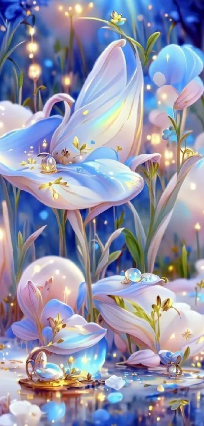 Fantasy floral wallpaper with glowing pastel flowers and a celestial theme.