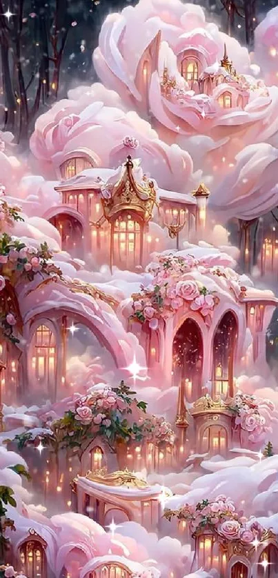 Fantasy floral castle with pink roses and magical lights, creating a dreamy scene.