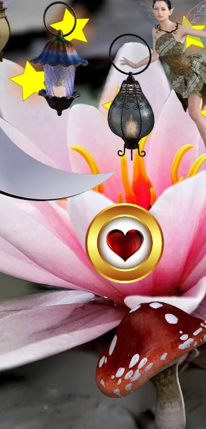 Fantasy wallpaper with fairy, moon, pink lotus, and mushroom.